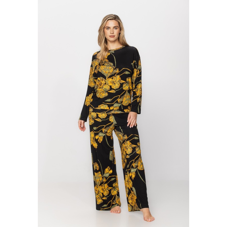 Conjunto pijama mujer micromodal negro y amarillo vista frontal